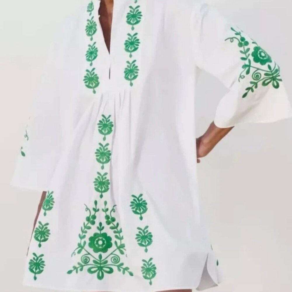 Zara White Green Embroidered Cotton Kaftan Tunic Mini Dress Size XS
